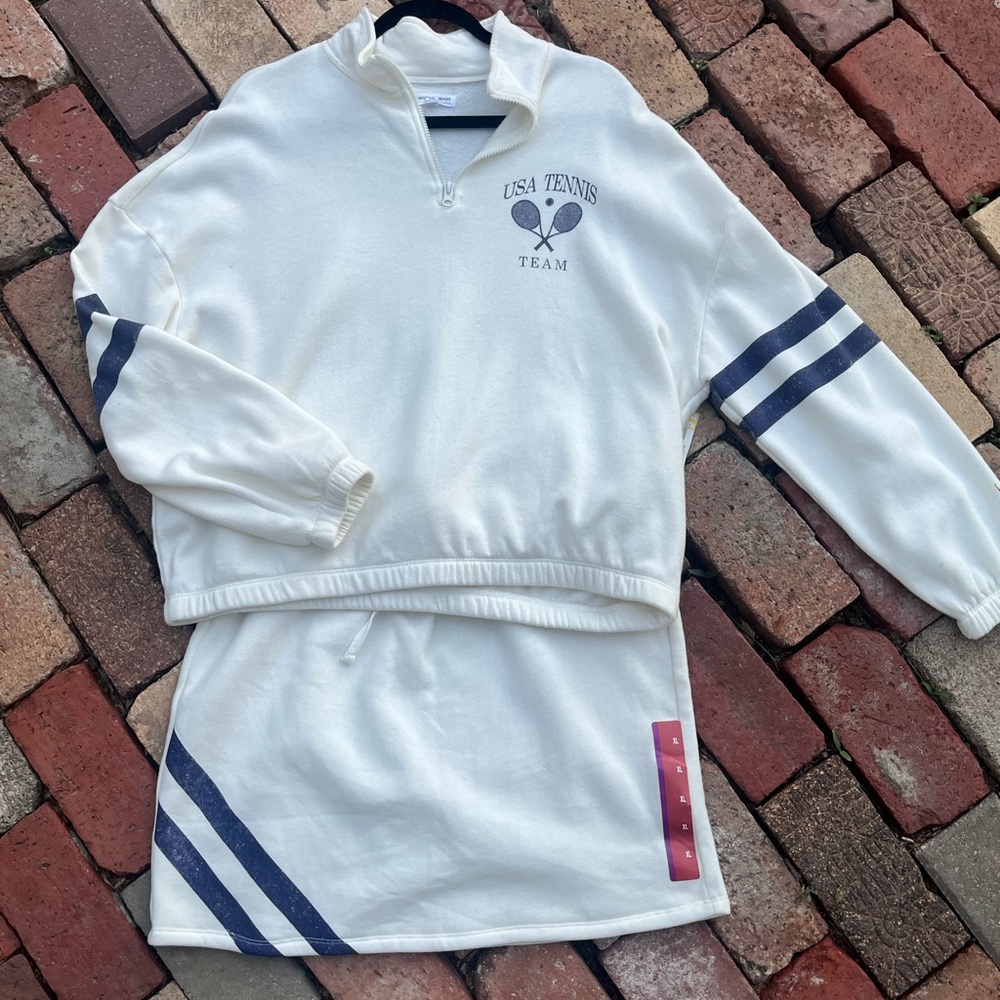 Grayson Threads White and Blue Varsity Sweatshirt and skirt
